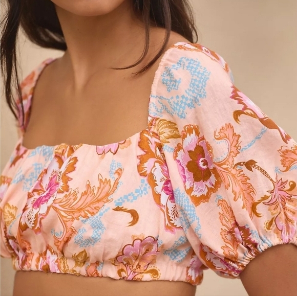 Seafolly Puff Sleeve Linen Crop Top in Peach Floral Size Large NWT - Picture 4 of 9